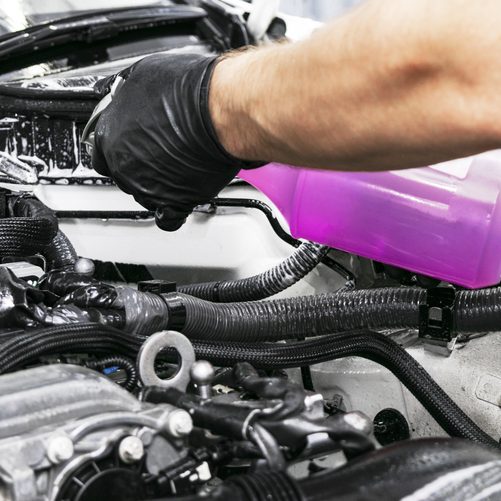 A man cleaning car engine with shampoo and brush. Car detailing or valeting concept. Selective focus. Car detailing. Cleaning with sponge. Worker cleaning. Car wash concept solution to clean
